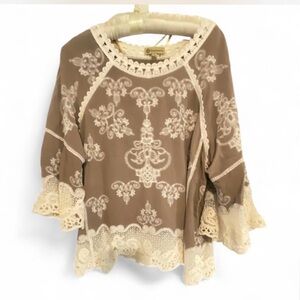 Christian Siriano Brown and Cream Lace Embroidered Blouse